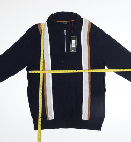 Kensington Eastside Mens Blue L Striped 1/2 Zip Cotton Jumper