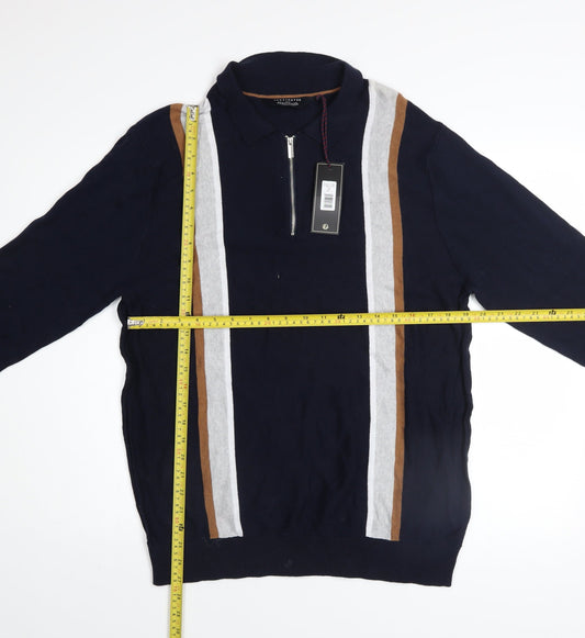 Kensington Eastside Mens Blue L Striped 1/2 Zip Cotton Jumper