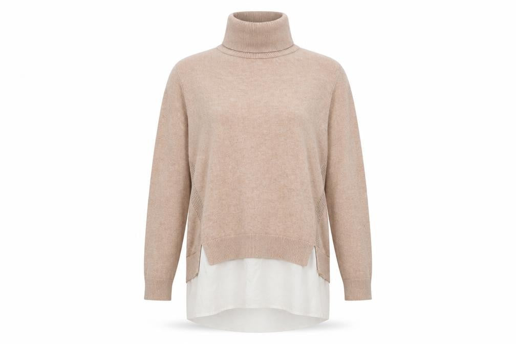 Front view of Miss Selfridge Women’s Beige Roll Neck Long Sleeve Tunic Jumper, size UK 10