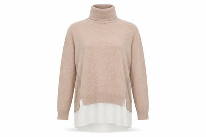 Front view of Miss Selfridge Women’s Beige Roll Neck Long Sleeve Tunic Jumper, size UK 10
