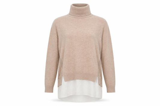 Front view of Miss Selfridge Women’s Beige Roll Neck Long Sleeve Tunic Jumper, size UK 10