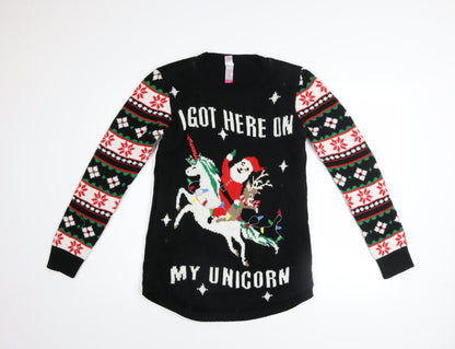 No Boundaries Girls Black Christmas Unicorn Long Sleeve Sweater Dress 11-13 Years