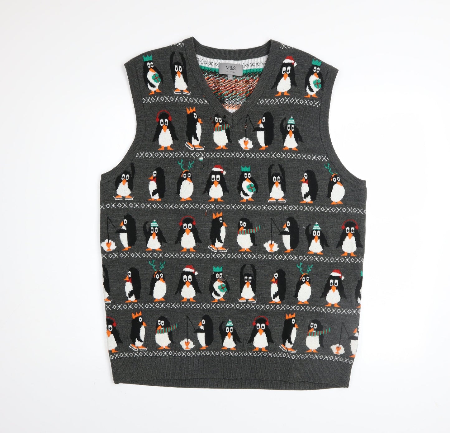 Marks and Spencer Men's Grey Christmas Penguin Sweater Vest L