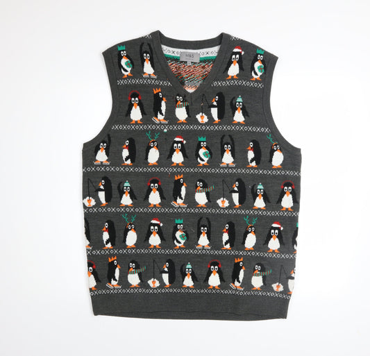 Marks and Spencer Men's Grey Christmas Penguin Sweater Vest L
