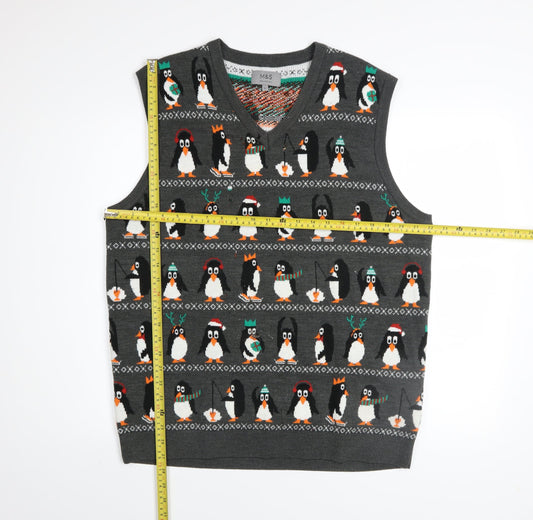 Marks and Spencer Men's Grey Christmas Penguin Sweater Vest L