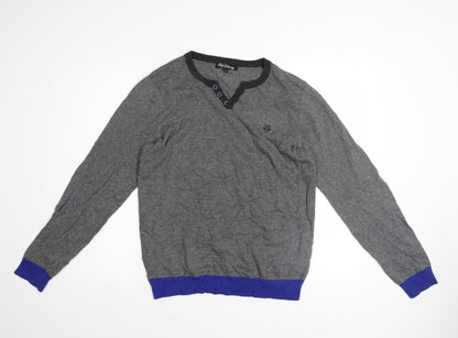 Red Herring Men's Grey Striped Henley Jumper Size S Cotton Knit