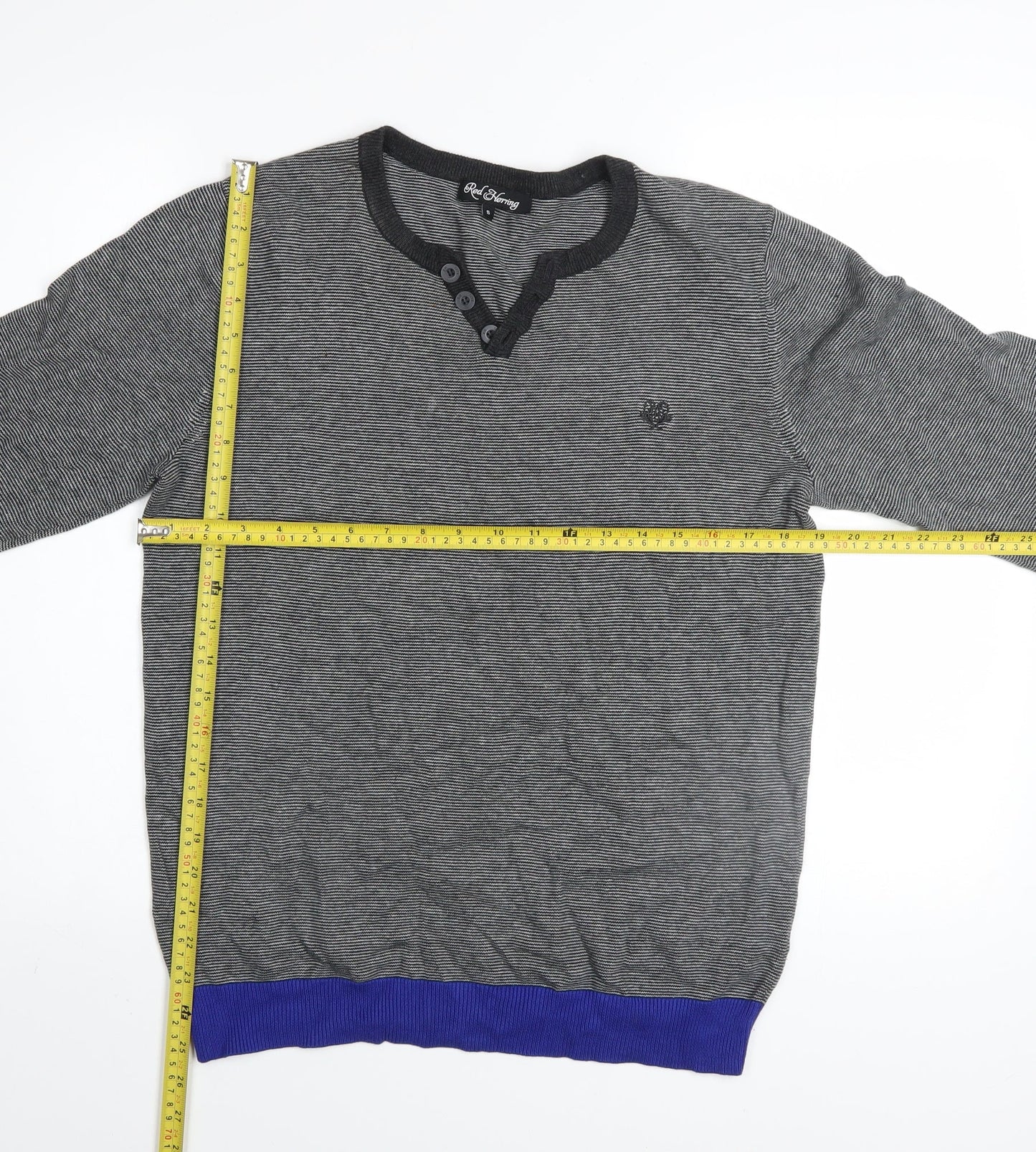 Red Herring Men's Grey Striped Henley Jumper Size S Cotton Knit