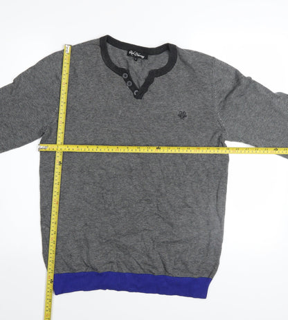 Red Herring Men's Grey Striped Henley Jumper Size S Cotton Knit