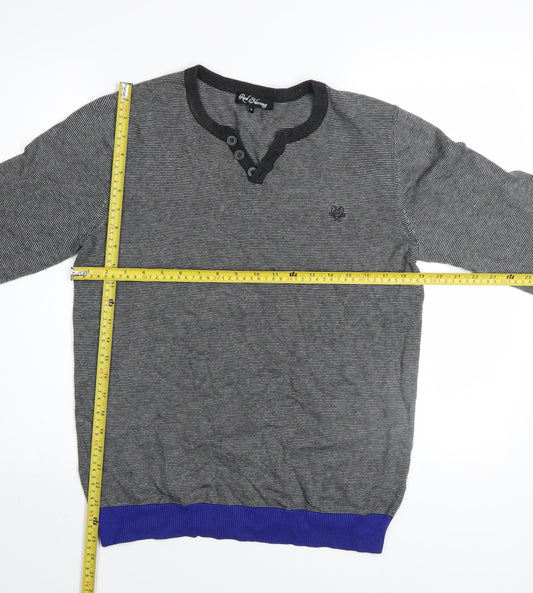 Red Herring Men's Grey Striped Henley Jumper Size S Cotton Knit