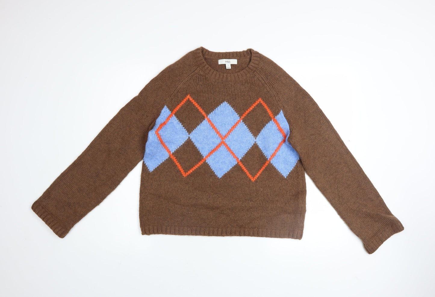 Marks and Spencer Men Brown Argyle Knit Jumper Size S Wool Blend
