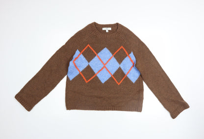 Marks and Spencer Men Brown Argyle Knit Jumper Size S Wool Blend