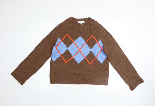 Marks and Spencer Men Brown Argyle Knit Jumper Size S Wool Blend
