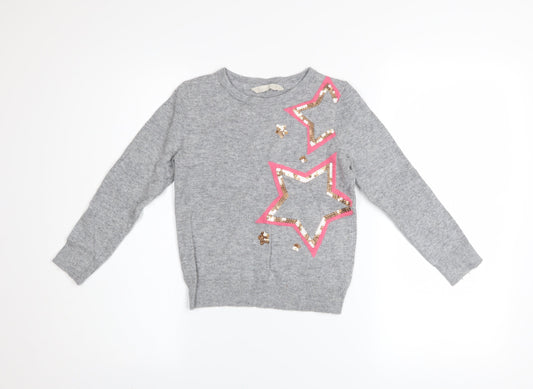 John Lewis Girls Grey Sequin Star Pullover Jumper Age 7 Years