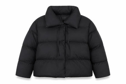 Front view of In The Style Women’s Black Cropped Puffer Jacket, size UK 20, Winter Coat