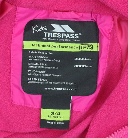 Trespass Girls Pink Waterproof Hooded Jumpsuit 3-4 Years Breathable All-in-One