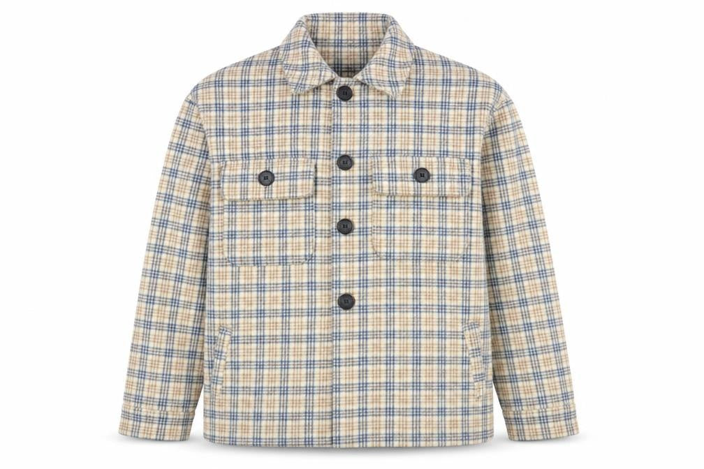 Front view of Motel Rocks unisex beige check flannel button jacket xs