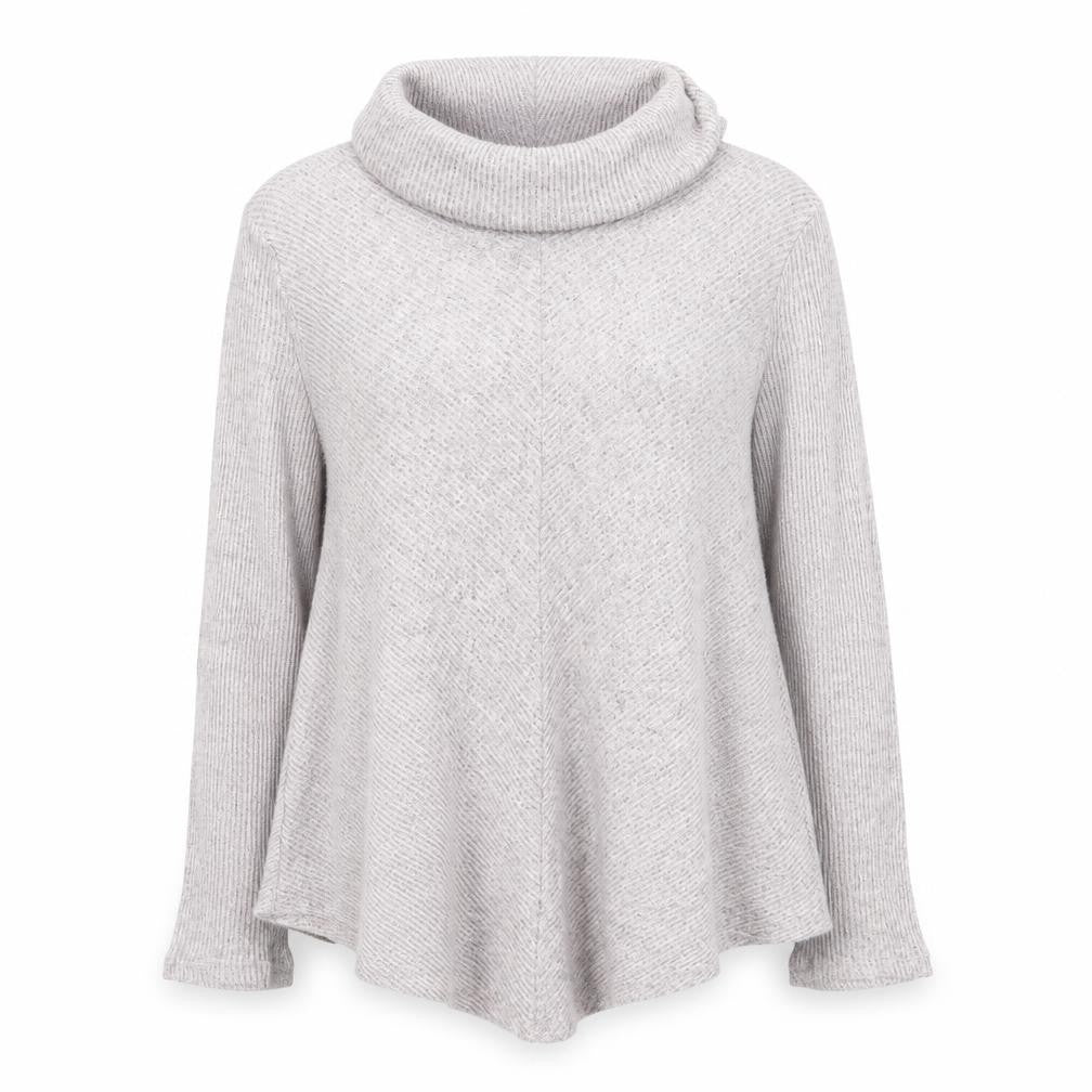 Front view of No Frills Los Angeles Women’s Beige Roll Neck Knit Top, size M