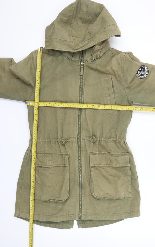 H&M Girls Green Cotton Hooded Parka Coat 14-15 Years Zip Pockets Casual