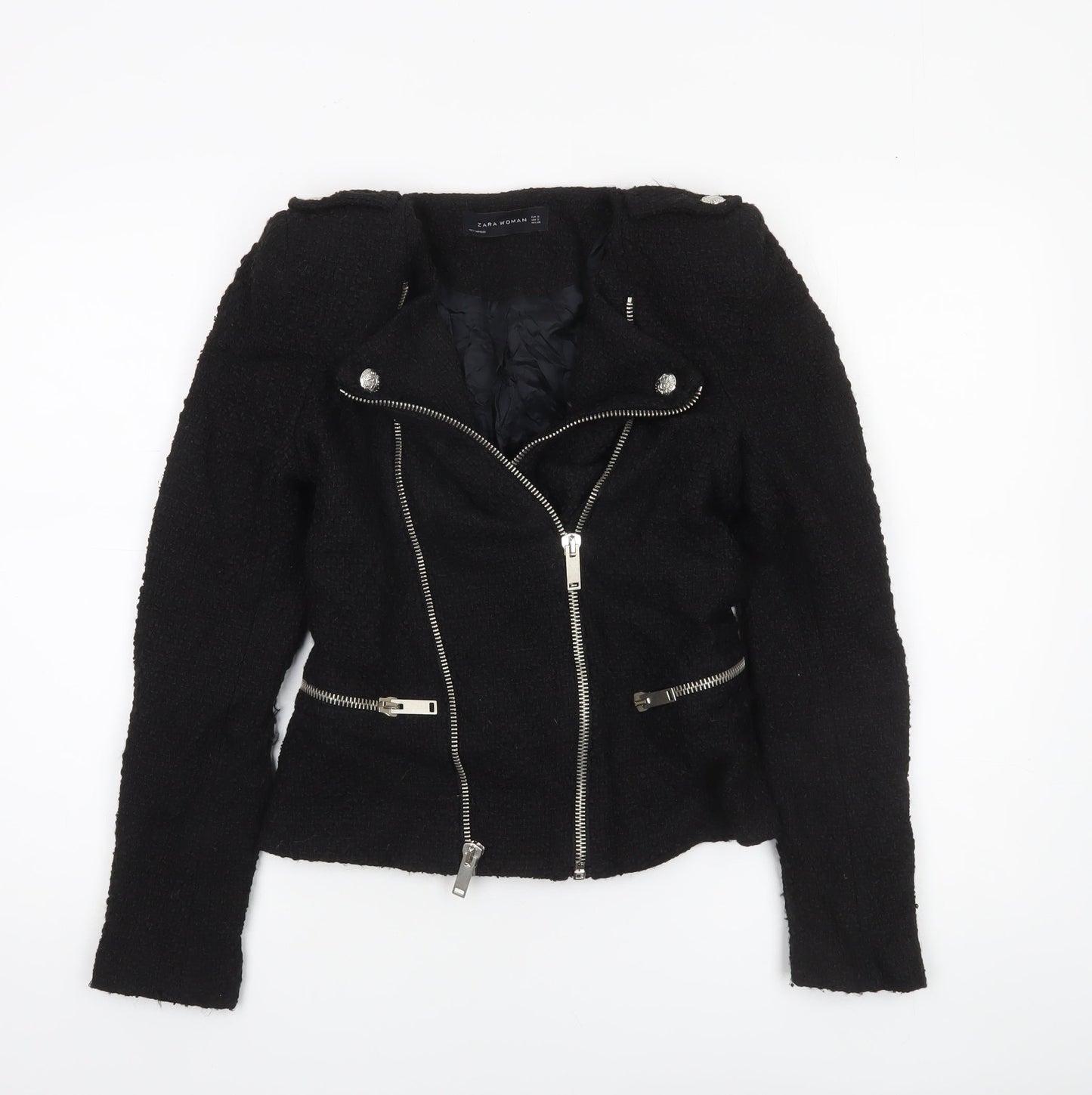 Womens UK Size S Zara Black Biker Coat