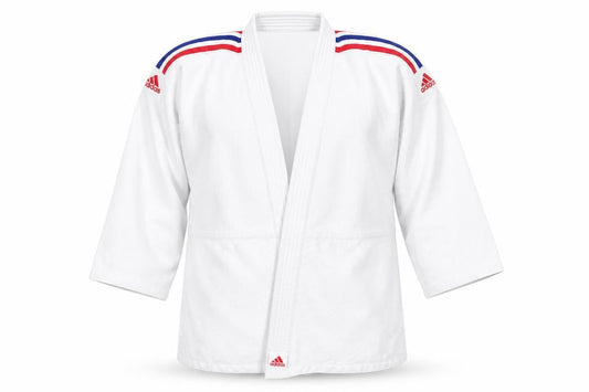 Front view of adidas Teens White Judo 3/4 Sleeve Sports Top, size 13