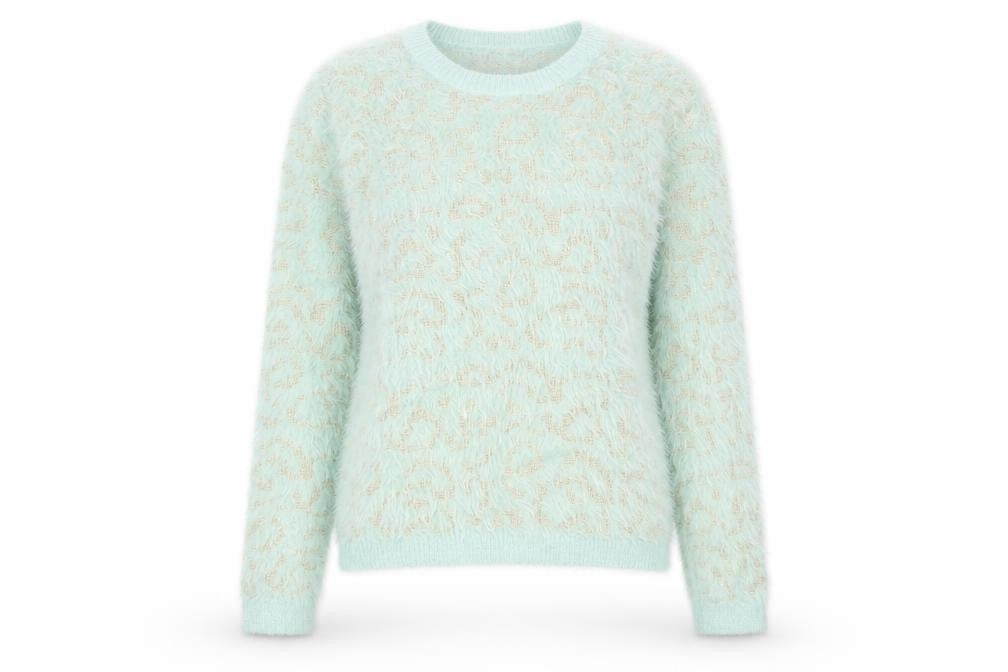 Front view of Papaya Women Blue Animal Print Fuzzy Knit Jumper, size S