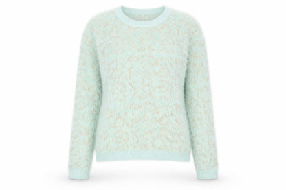 Front view of Papaya Women Blue Animal Print Fuzzy Knit Jumper, size S