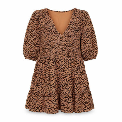 Front view of ASOS Women Brown Animal Print V-Neck Puff Sleeve Short Dress UK 10