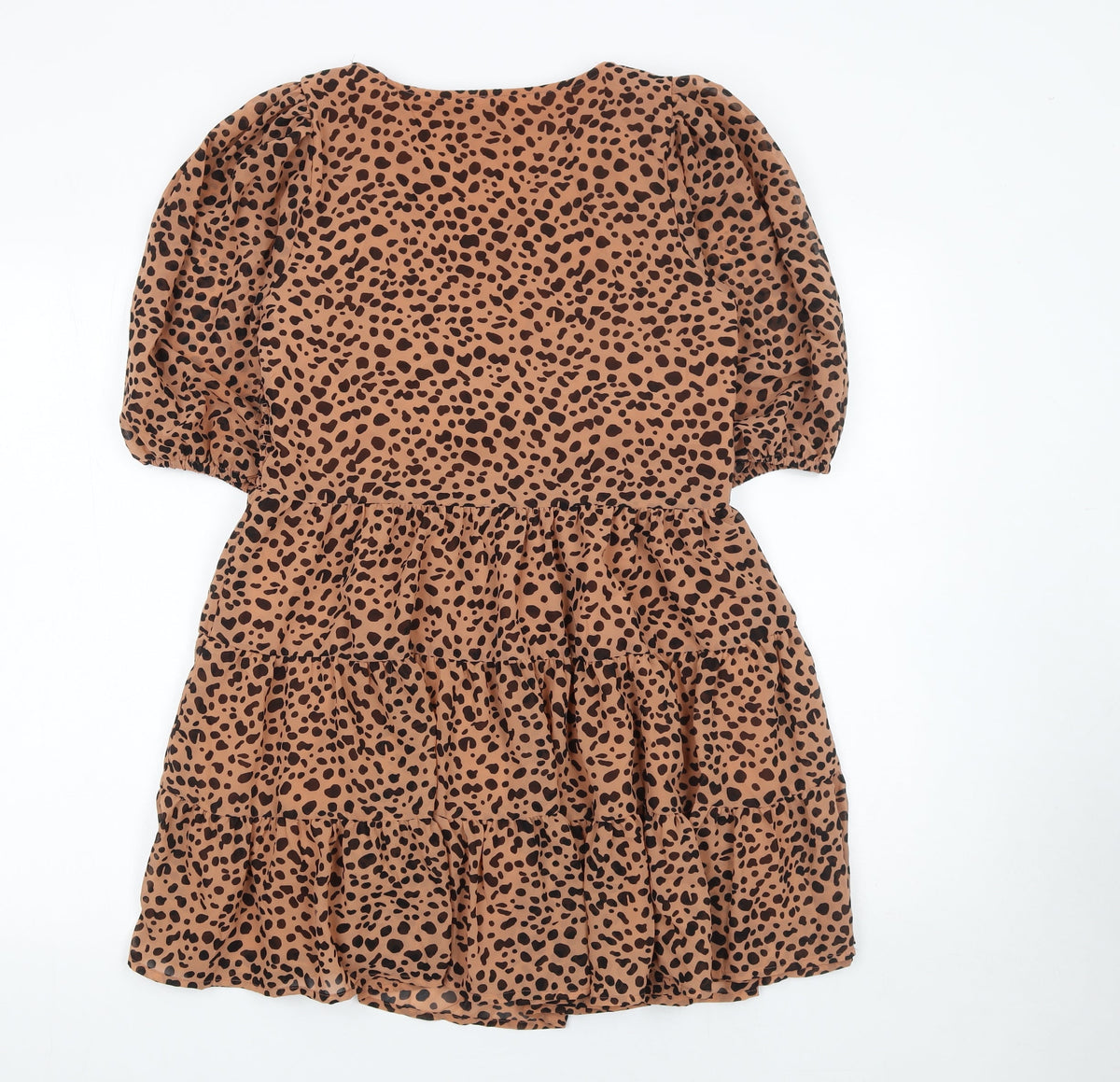 Close-up detail of ASOS Women Brown Animal Print V-Neck Puff Sleeve Short Dress UK 10