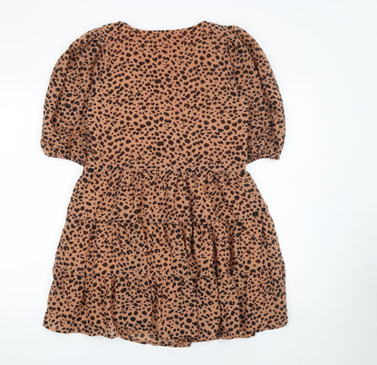 Close-up detail of ASOS Women Brown Animal Print V-Neck Puff Sleeve Short Dress UK 10