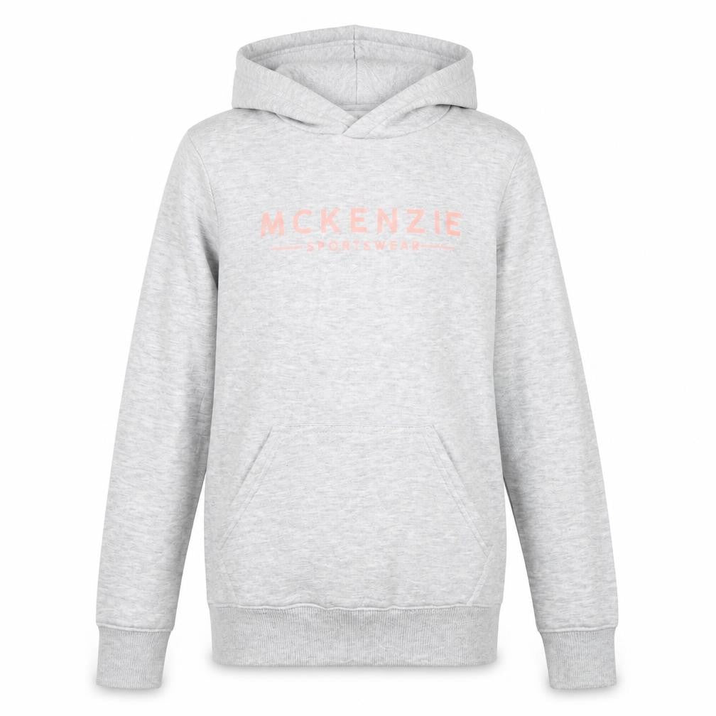Front view of McKenzie girls’ grey pullover hoodie 12-13 years logo fleece sweatshirt