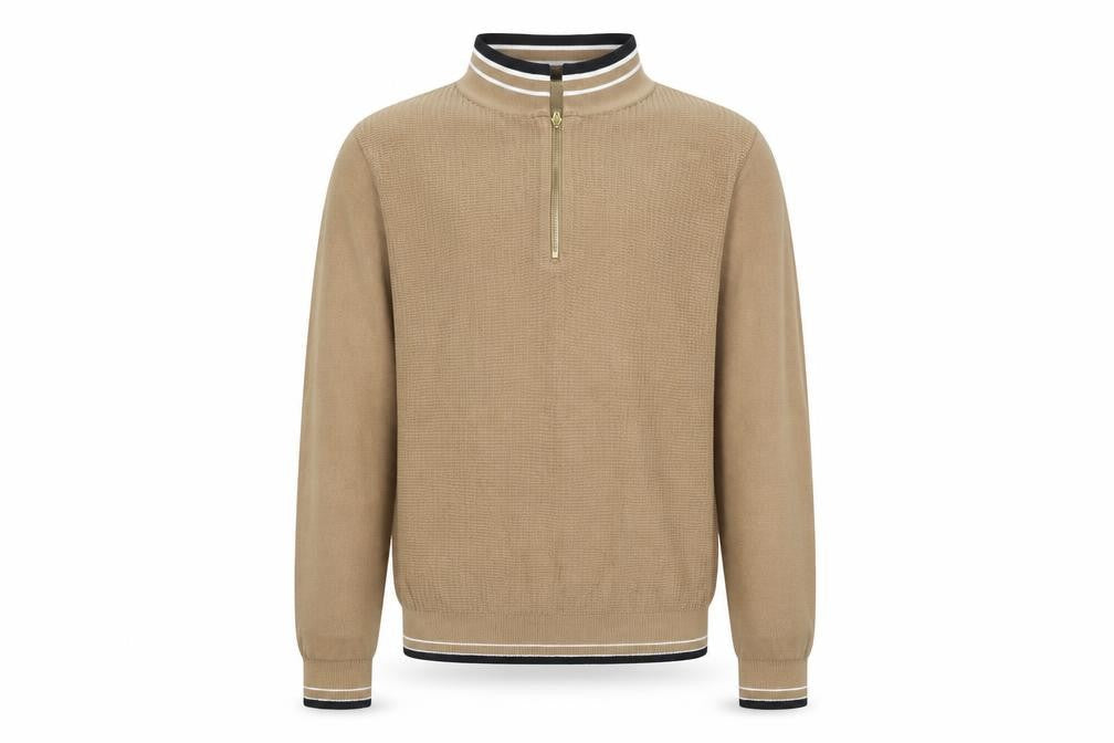 Front view of Next boys’ beige 10 years knit 1/2 zip high neck cotton sweatshirt