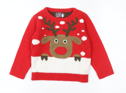 Let It Snow Girls Red Reindeer Christmas Pullover Jumper 3-4 Years