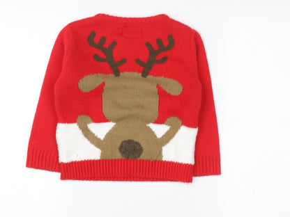 Let It Snow Girls Red Reindeer Christmas Pullover Jumper 3-4 Years