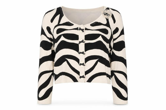 Front view of Kaliko Women Beige Black Zebra Print Cardigan, size 12, Scoop Neck
