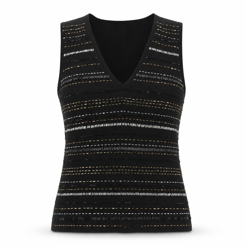 Front view of Roman Originals women’s black beaded knit v-neck tank top s