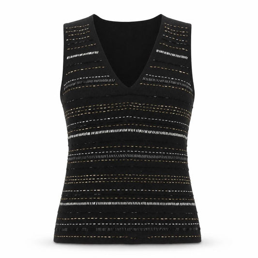 Front view of Roman Originals women’s black beaded knit v-neck tank top s