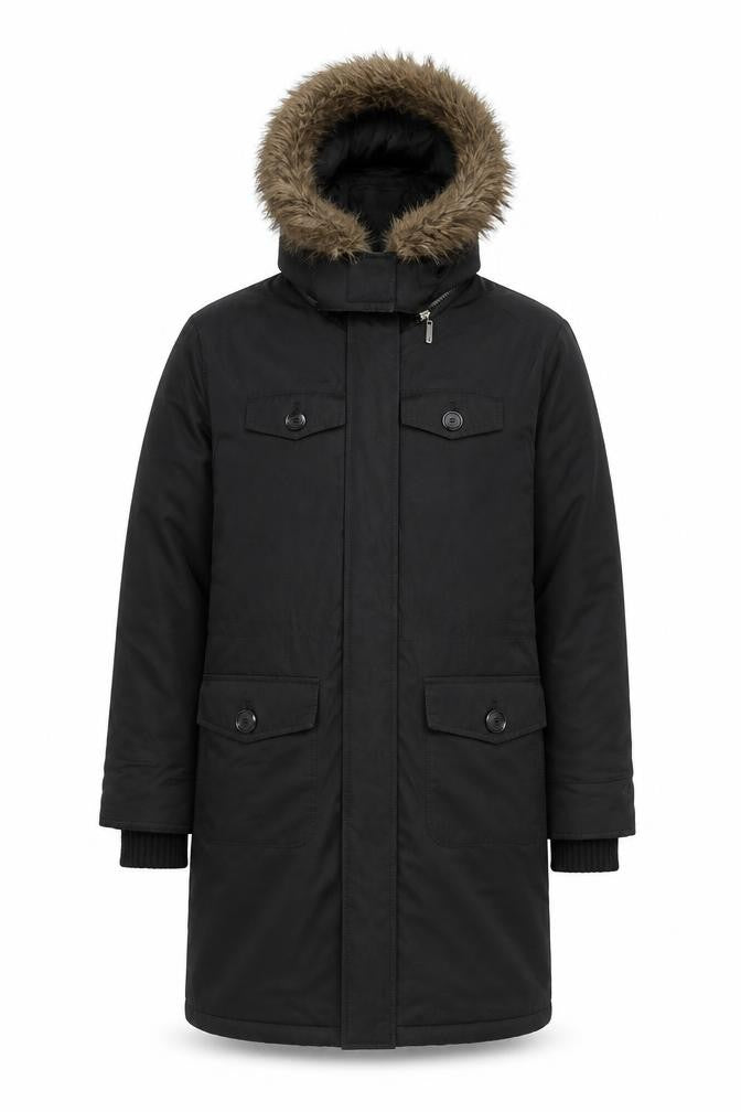 Front view of Warehouse Black Hooded Parka Coat unisex adults, size 38, regular