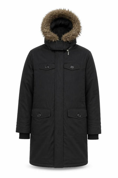 Front view of Warehouse Black Hooded Parka Coat unisex adults, size 38, regular