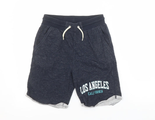 H&M Boys Navy Blue Sweat Shorts 11-12 Years Los Angeles Print Drawstring Waist