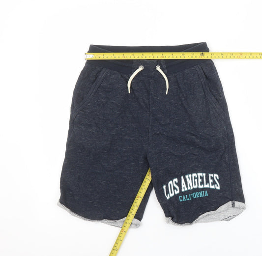 H&M Boys Navy Blue Sweat Shorts 11-12 Years Los Angeles Print Drawstring Waist