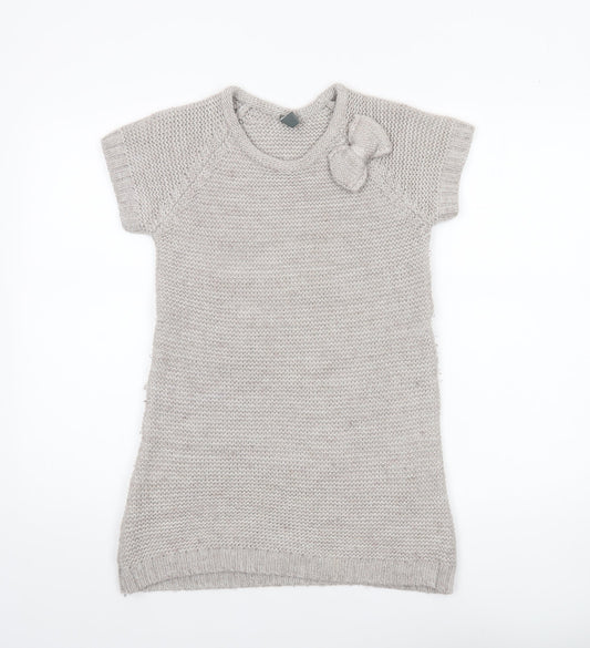 Zara Girls Beige Knit Sweater Dress 13-14 Years Bow Accent Short Sleeve