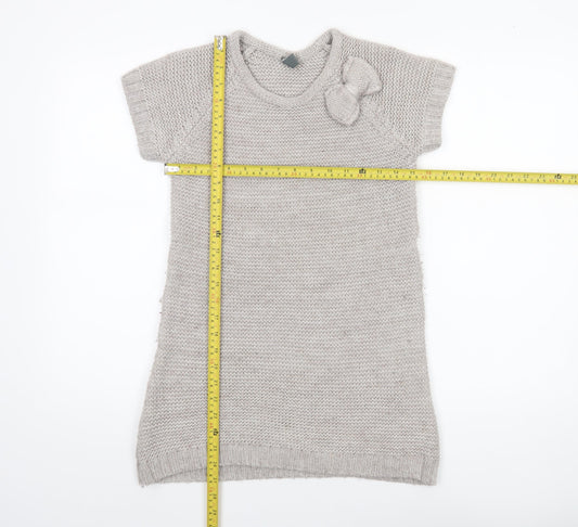 Zara Girls Beige Knit Sweater Dress 13-14 Years Bow Accent Short Sleeve