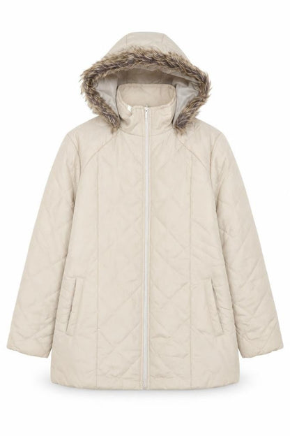 Front view of Anne de Lançay Women’s Beige Quilted Hooded Long Puffer Coat M