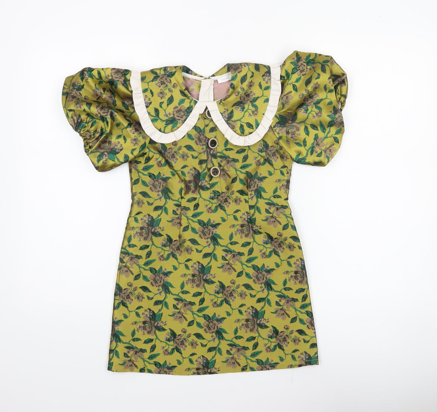 Next Girls Green Floral Puff Sleeve A-Line Party Dress Size 6 Years