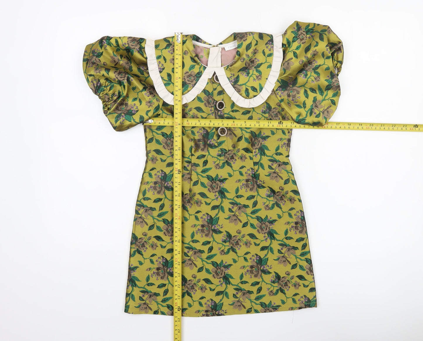 Next Girls Green Floral Puff Sleeve A-Line Party Dress Size 6 Years
