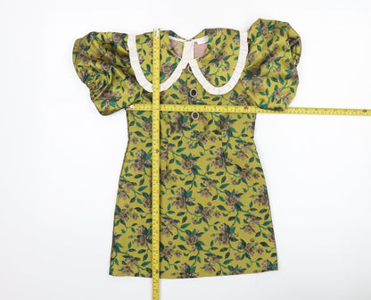 Next Girls Green Floral Puff Sleeve A-Line Party Dress Size 6 Years