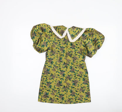 Next Girls Green Floral Puff Sleeve A-Line Party Dress Size 6 Years