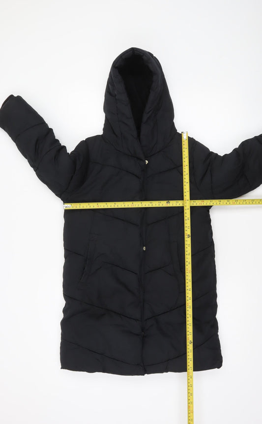 Next Girls Black Long Puffer Coat 8 Years Hooded Quilted Winter Jacket