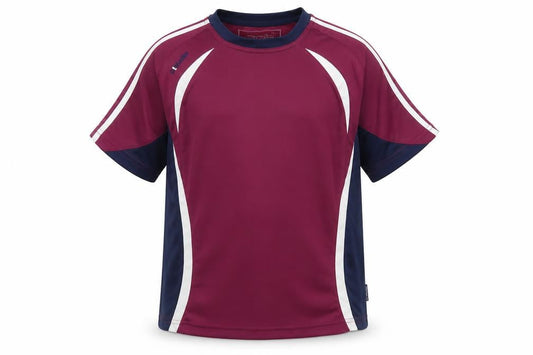 Front view of O'Neill boys’ maroon & navy short sleeve sports t-shirt 10-11 years