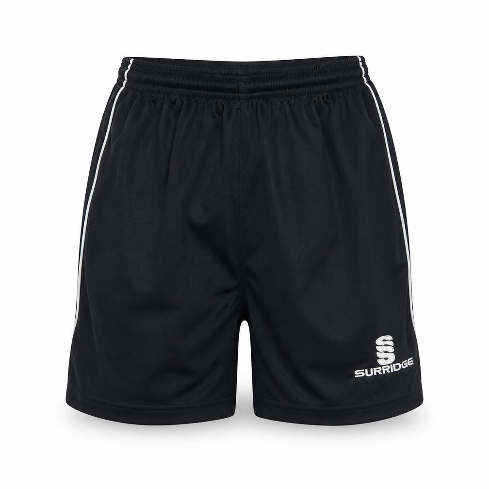 Front view of Surridge boys’ black athletic sports shorts yth polyester elastic waist